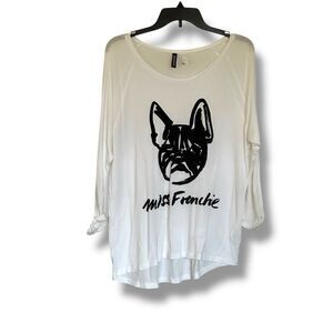 H&M Divided Frenchie White Lightweight Long Sleeve Graphic Tee Large
